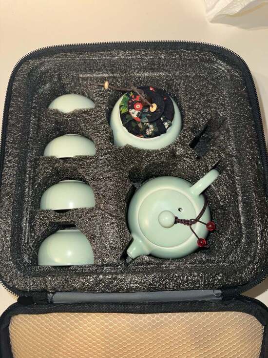 Unbranded Other - Portable Celadon Ceramic Travel Tea Set with Teapot, 4 Cups, and Bamboo Tray